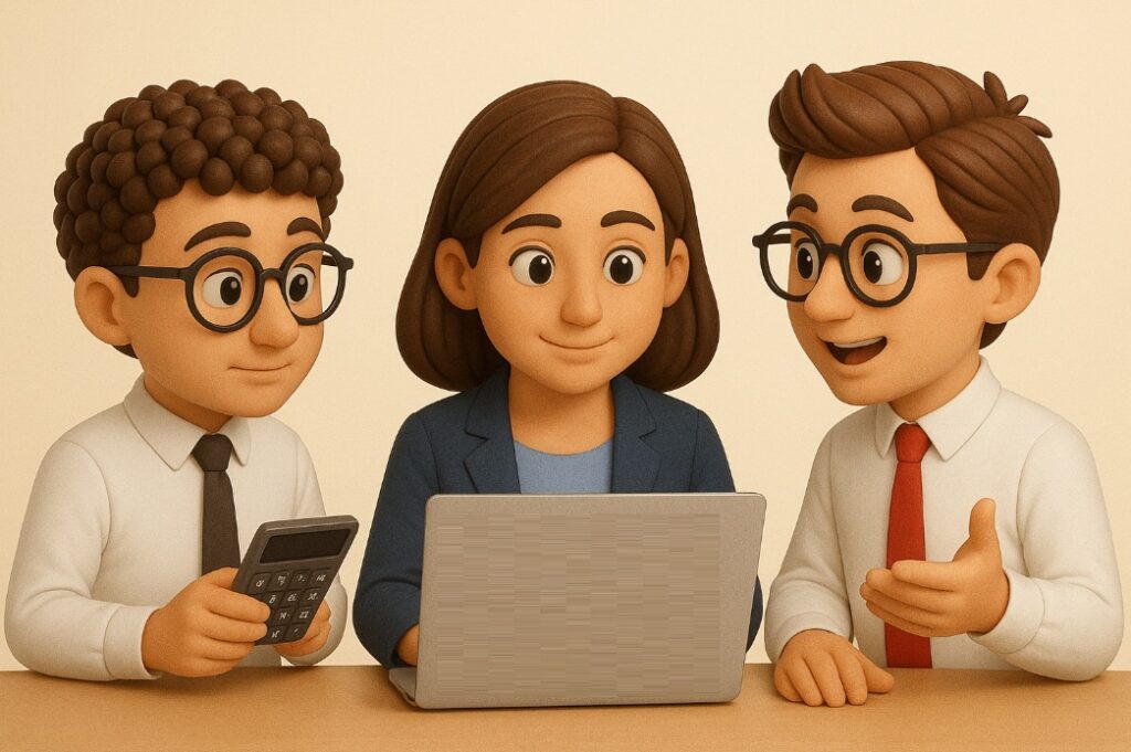 Ilustracja 3D przedstawiająca trzy osoby rozmawiające o analizie danych i podejmowaniu decyzji, symbolizująca kalkulację kosztów rotacji pracowników.