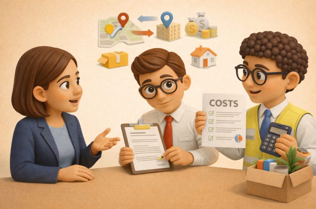 Ilustracja 3D przedstawiająca rozmowę HR, menedżera i specjalisty finansowego o relokacji pracownika między miastami oraz pakiecie świadczeń.