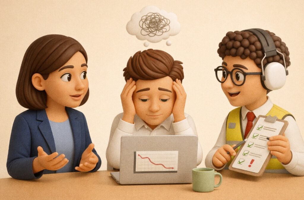 Ilustracja 3D przedstawiająca rozmowę HR, pracownika i specjalisty BHP o ryzykach psychospołecznych oraz obciążeniu psychicznym w pracy.