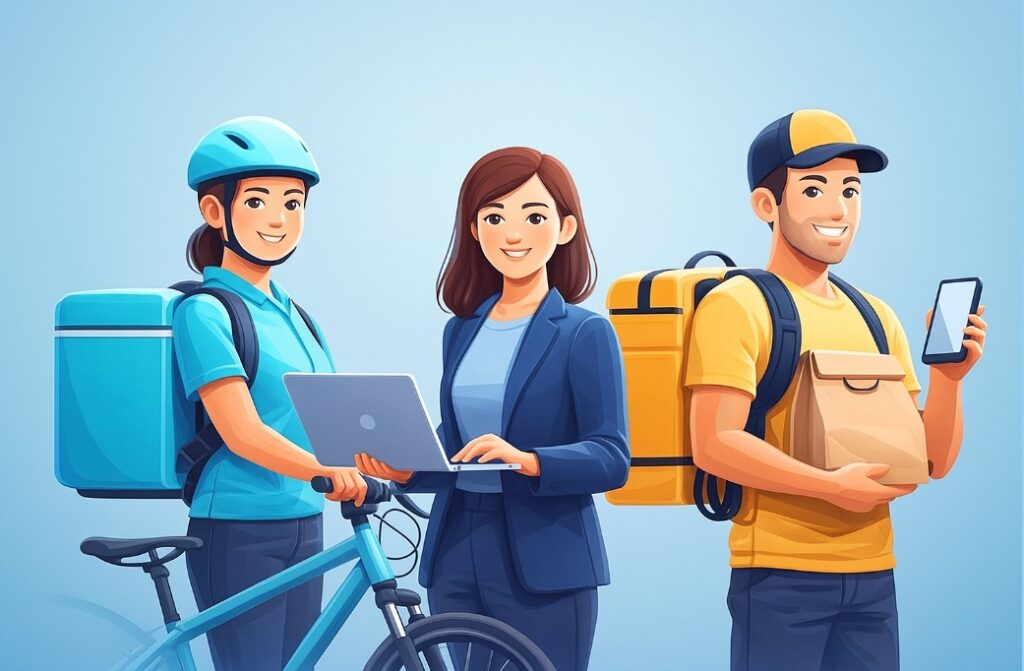 Ilustracja na błękitnym tle przedstawiająca kuriera rowerowego, specjalistkę HR z laptopem oraz dostawcę jedzenia z telefonem.