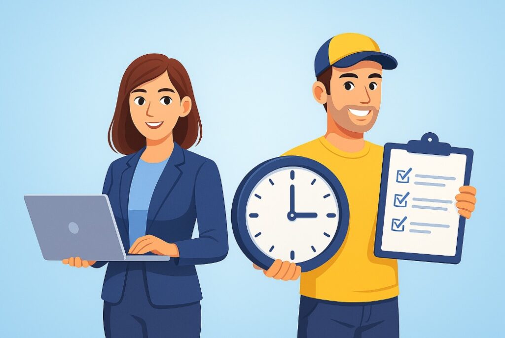 Ilustracja przedstawiająca specjalistkę HR z laptopem oraz pracownika trzymającego zegar i checklistę na błękitnym tle.