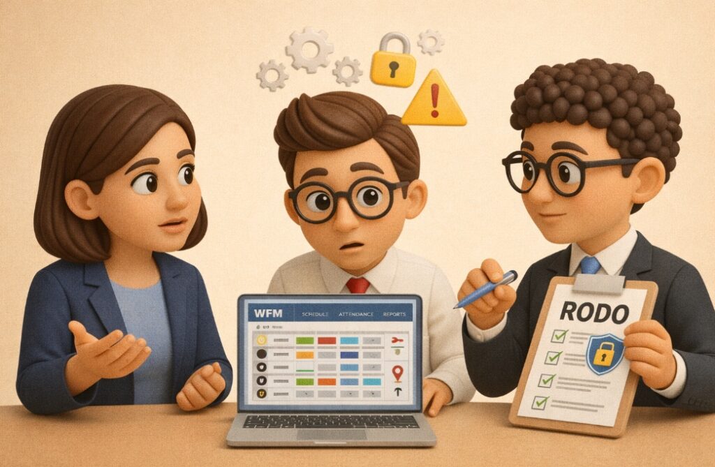 Ilustracja 3D przedstawiająca analizę danych z systemu WFM pod kątem zgodności z RODO przez HR, menedżera i specjalistę ds. ochrony danych.