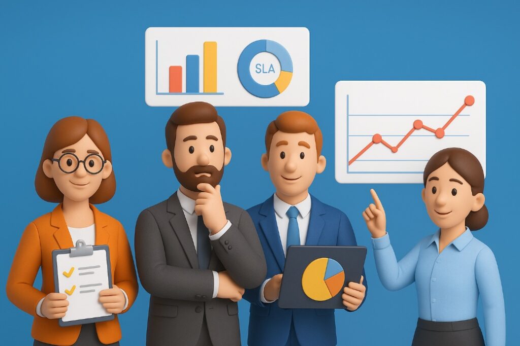 Zespół specjalistów HR w stylu 3D analizujący wykresy i wskaźniki efektywności pracy na niebieskim tle.