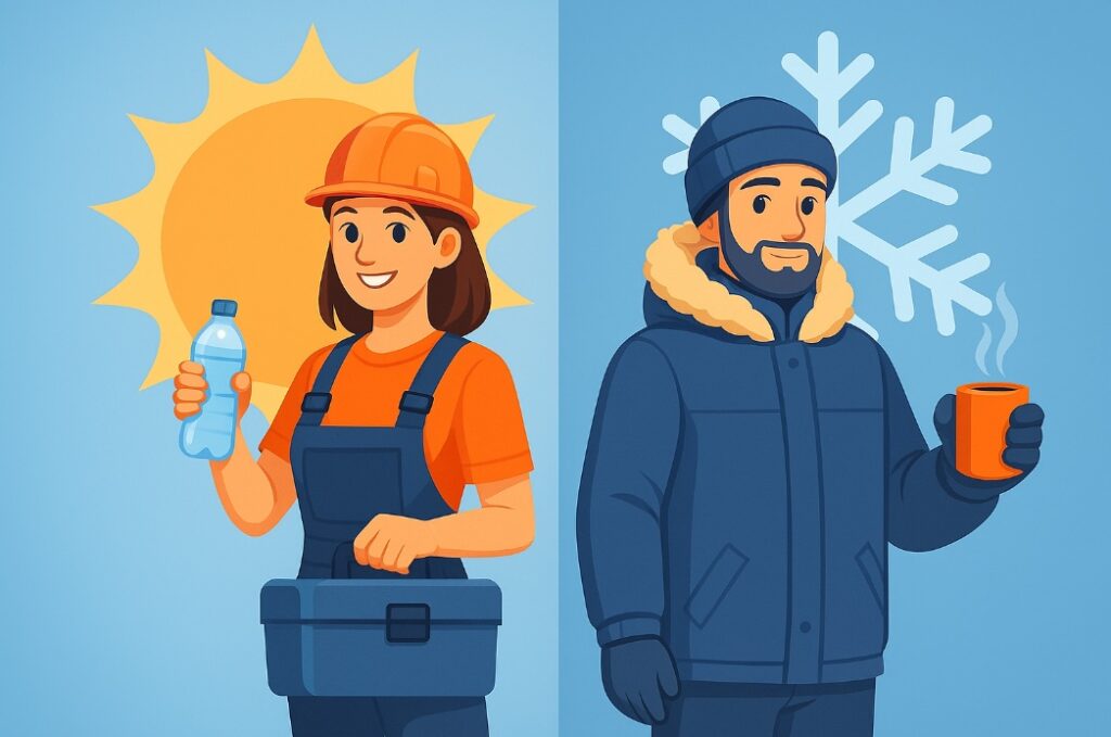 Ilustracja przedstawiająca dwie osoby pracujące w skrajnych warunkach pogodowych: pracownicę w upale z wodą i pracownika w mrozie z gorącym napojem.