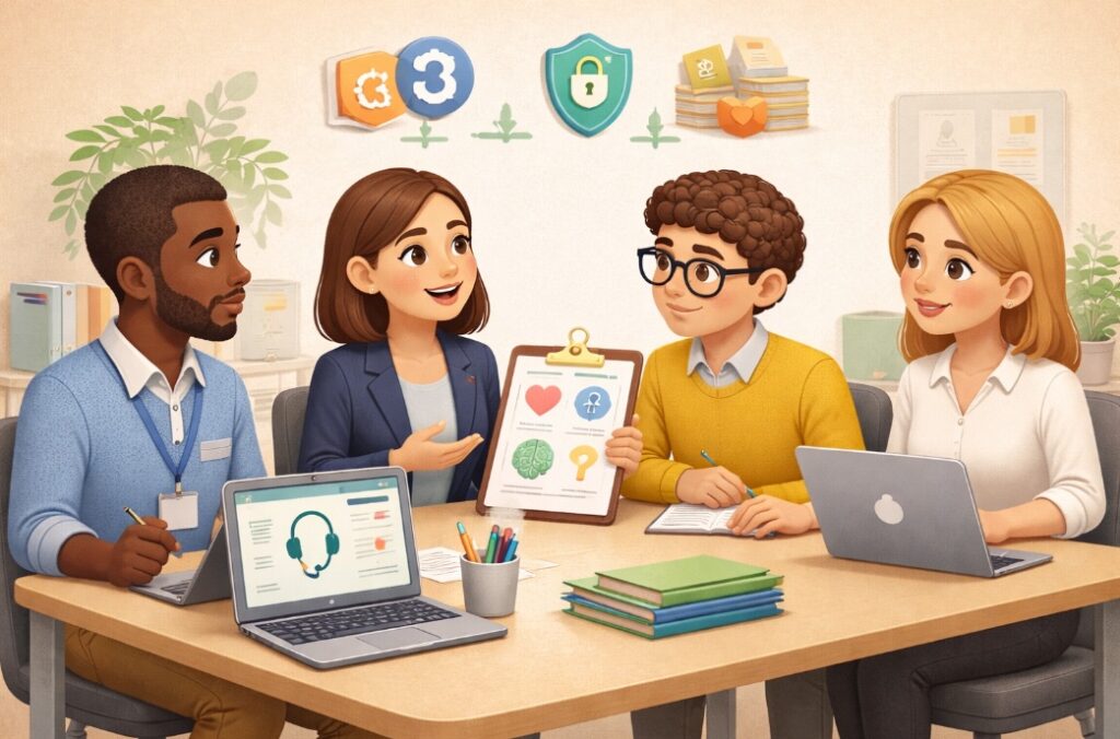 Ilustracja 3D przedstawiająca spotkanie HR z zespołem i specjalistami EAP dotyczące programu wsparcia zdrowia psychicznego pracowników.