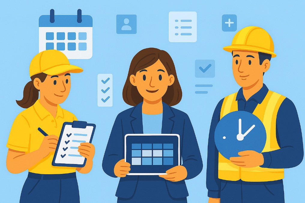 Ilustracja trzech pracowników na błękitnym tle z ikonami kalendarza, checklist i zegara, symbolizująca planowanie grafików i zarządzanie systemem równoważnym czasu pracy.