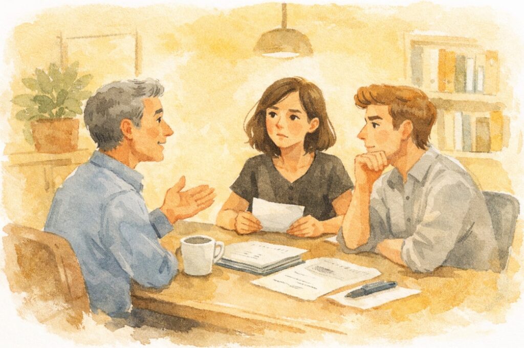 Rozmowa pracowników przy stole w biurze – ilustracja przedstawiająca ustalanie zasad i obowiązków w miejscu pracy