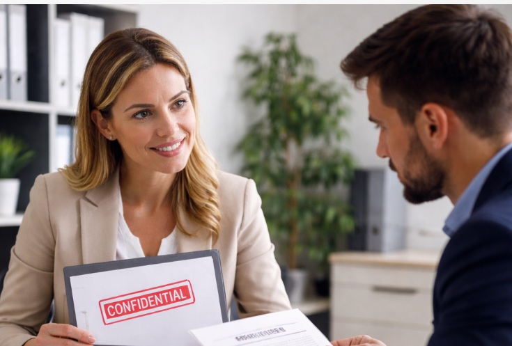 Rekrutacja poufna – rozmowa HR z kandydatem przy dokumentach oznaczonych jako poufne