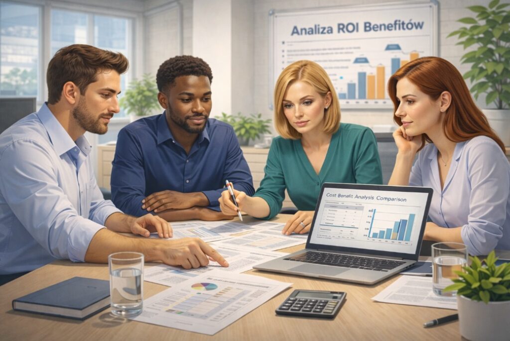 Analiza ROI benefitów pracowniczych przez zespół HR w nowoczesnym biurze