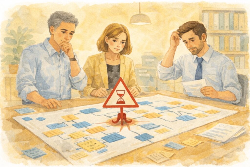 Zespół HR analizujący wąskie gardło w procesie kadrowym na schemacie działań