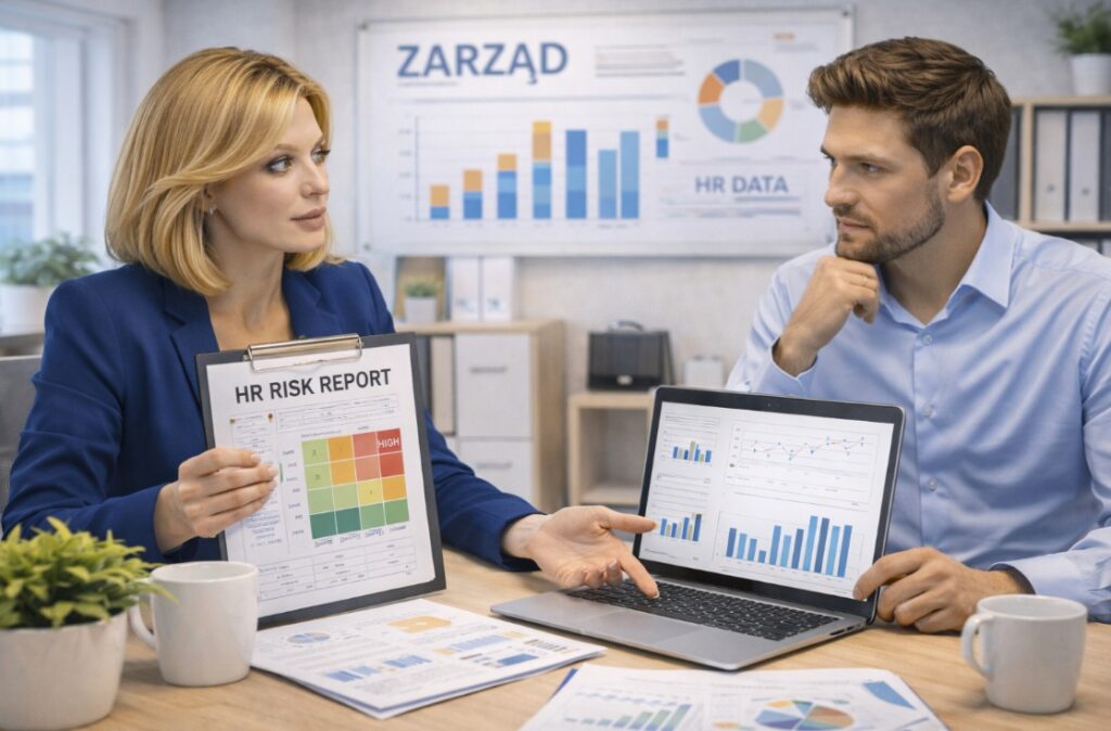 Analiza raportu ryzyk kadrowych i wskaźników HR przed prezentacją dla zarządu