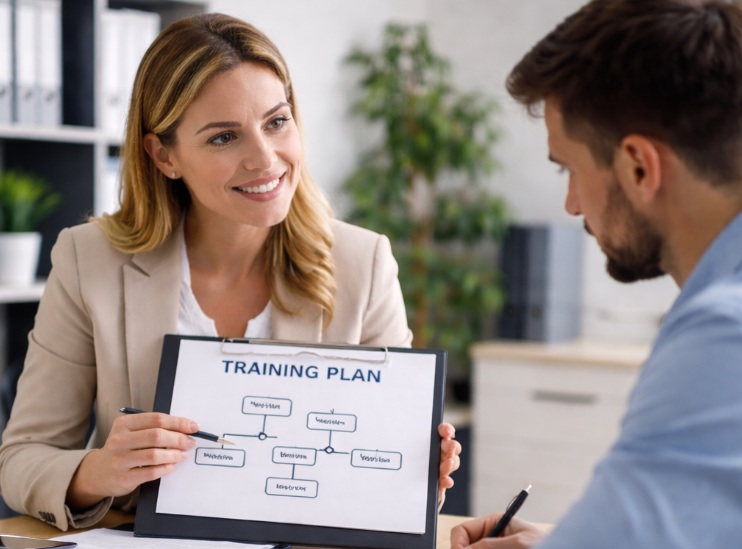 Szkolenie wewnętrzne w firmie – trener HR omawia plan rozwoju kompetencji z pracownikiem