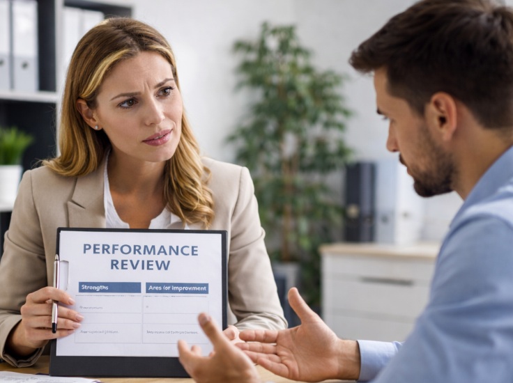 Rozmowa oceniająca pracownika – menedżer omawia wyniki pracy podczas oceny okresowej