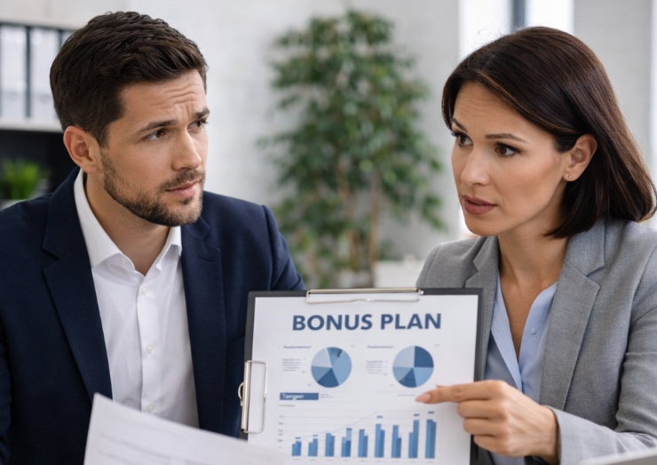 Rozmowa o systemie premiowym – HR omawia zasady wynagrodzenia zmiennego z pracownikiem