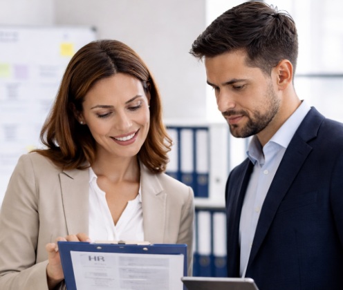 Specjalistka HR omawia obieg dokumentów kadrowych i wersjonowanie dokumentacji z menedżerem