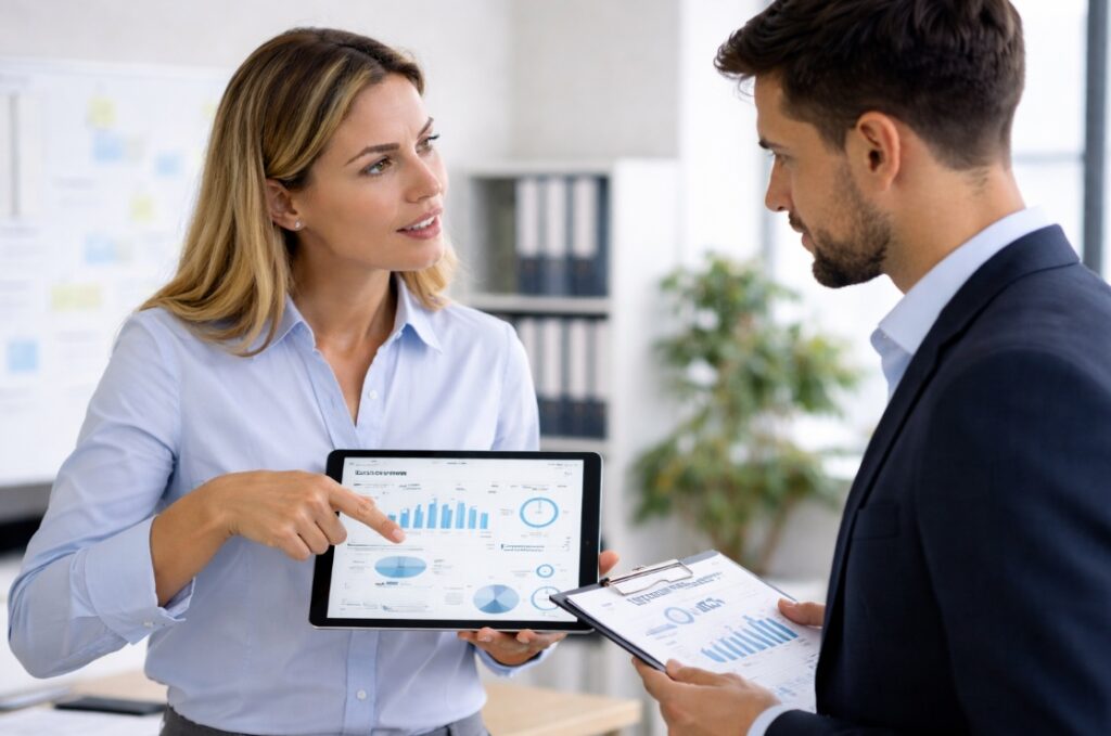 Analiza danych z pracy zdalnej – HR omawia raport aktywności pracownika